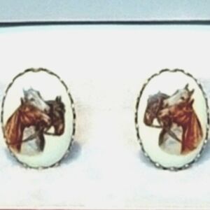 Rare 50s-60s "Three Steeds" Cufflinks Handpainted Porcelain Silver Alloy